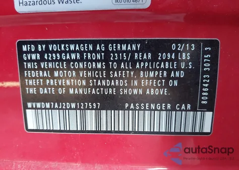 2013 Volkswagen Golf 2.0L Tdi 4-Door z USA, uszkodzony, nr VIN WVWDM7AJ2DW127597